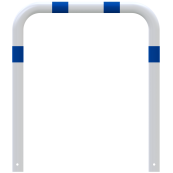 Impact protection bars | as e-charging post protection | for casting in concrete, | total width: 1000mm, total height: 1000mm | hot-dip galvanized and white powder-coated with blue reflective stripes foil type RA1/A